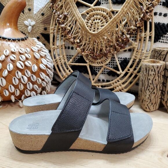 Abeo Gabie Women 9 Neutral Footbed Wedge Slide Sandals Leather Slip On Black EUC - Picture 1 of 11